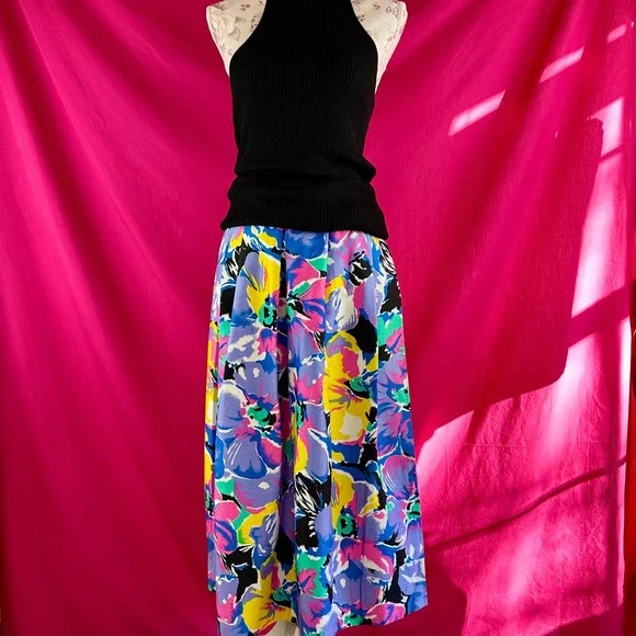 Vintage 80s 90s Floral Pleated Midi Long Skirt Lavender Pink Teal Cotton Size 14 - Picture 10 of 17